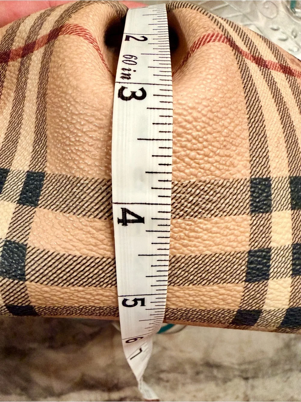 Authentic Burberry Tan Plaid Cosmetic Pouch with Black and Red Stripes